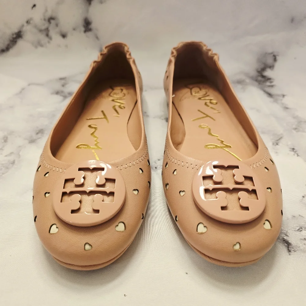 HTF Tory Burch Minnie Heart Cut-Out Ballet Flat Pink Moon Cream LIMITED EDITION